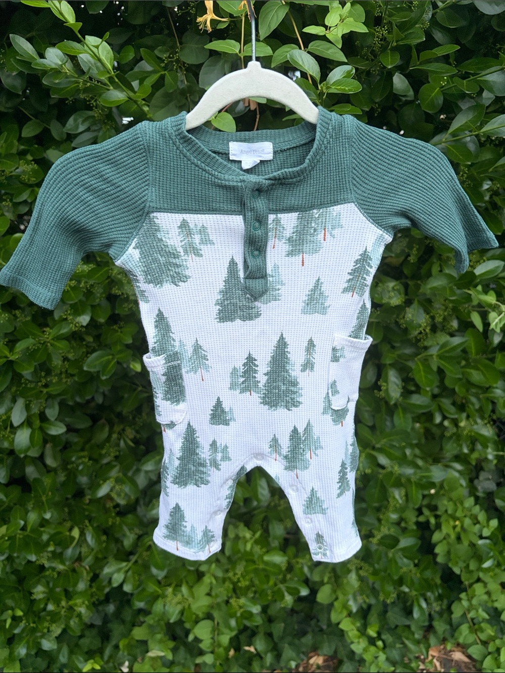 Angel Dear Green & White Waffle Knit Forest Print One-Piece